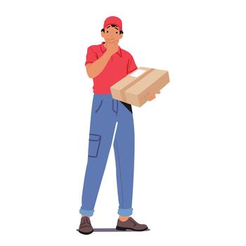 Perplexed Courier Male Character Holds A Package, Scanning The Address With A Puzzled Expression Illustration vector