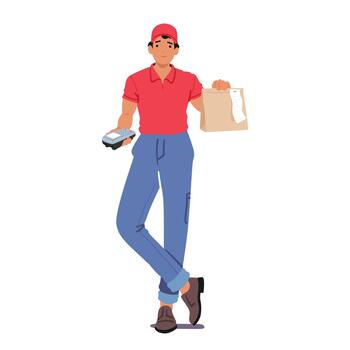 Courier Character Delivering A Food Package With A Pos Terminal, Ensuring Secure Payments And Efficient Transactions vector