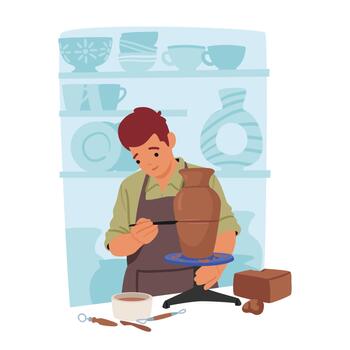 Artisan Male Character Shaping Clay Into Beautiful Pottery Using Carver And Wheel, Adding Intricate Details With Tools vector
