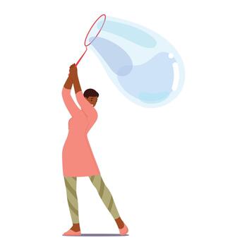 Woman Character Gracefully Entertains Audiences With A Captivating Soap Bubble Show, Creating Enchanting Bubbles vector