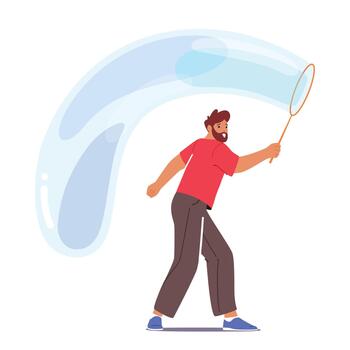 Man Entertains With A Soap Bubble Show, Male Character Creating Mesmerizing, Colorful Bubbles Of Various Shapes vector