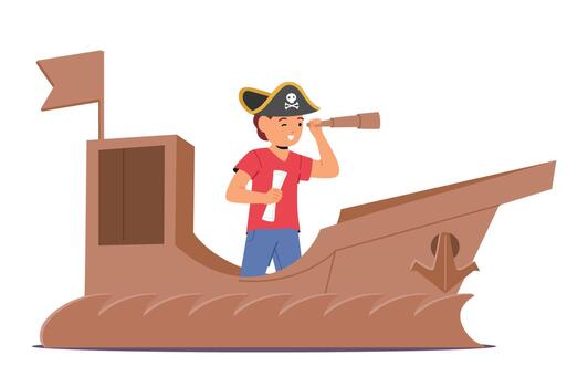 Imagination Sets Sail As A Kid Navigates Boundless Seas In A Cardboard Ship, Riding Waves Of Creativity vector