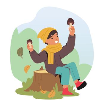 Little Boy Character Exploring An Autumn Forest, Eagerly Gathering Mushrooms With Wonder And Curiosity vector