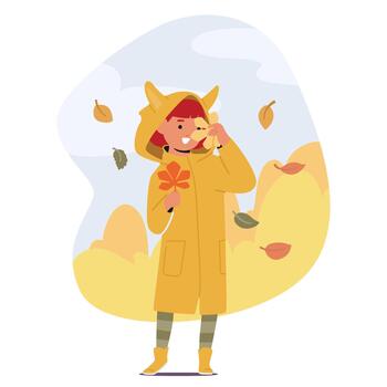 Little Girl Character Gleefully Playing With A Cascade Of Colorful Autumn Leaves, Laughing And Twirling With Delight vector