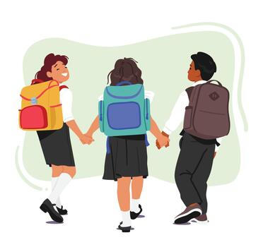 grupo de niños caracteres con mochilas en su espaldas, caminando juntos en un ordenado línea hacia colegio vector