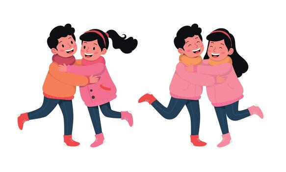 Cute kids hugging happily in warm winter clothes shown in a bright flat kawaii style set capturing friendship warmth and joy for seasonal creative use in many projects vector