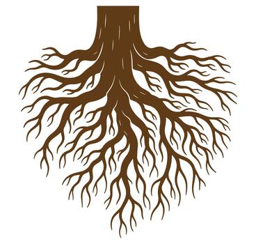 Detailed illustration of tree roots with trunk isolated on a clean white background vector