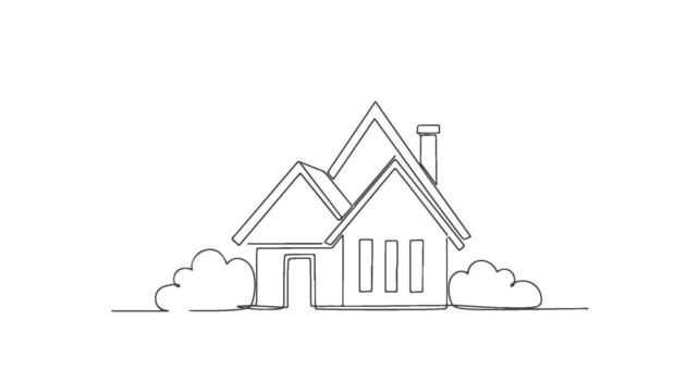 Continuous line art drawing of a single house with chimney and bushes, minimalistic style vector