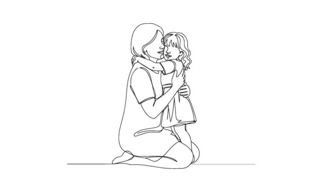 Heartwarming single continuous line art drawing showcasing a mother affectionately hugging her daughter, a timeless symbol of maternal love and connection vector