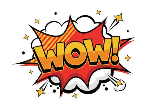 Dynamic comic book exclamation design featuring the word Wow in a vibrant speech bubble with pop art effects. Isolated graphic element vector