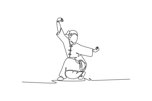 soltero uno línea dibujo mujer wushu atleta listo en bajo, profundo agacharse con brazo elevado en defensivo guardia. fuerza, balance, y disciplinado forma. continuo línea dibujar diseño gráfico ilustración vector
