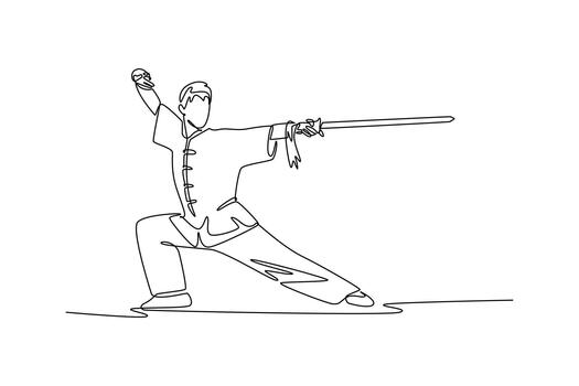 continuo uno línea dibujo activo hombre wushu atleta listo en profundo arco postura, participación espada extendido adelante. fuerza, enfocar, y disciplinado forma. soltero línea dibujar diseño gráfico ilustración vector