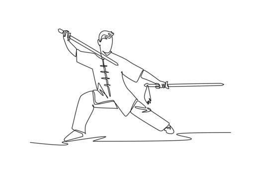 Single continuous line drawing man Wushu athlete poised in dynamic bow stance, wielding twin swords in defensive and offensive guard. Power discipline. One line draw graphic design illustration vector