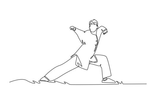 soltero uno línea dibujo hombre wushu atleta listo en dinámica, profundo arco postura con apretado puños, ilustrando fuerza, atención y disciplina forma. continuo línea dibujar diseño gráfico ilustración vector