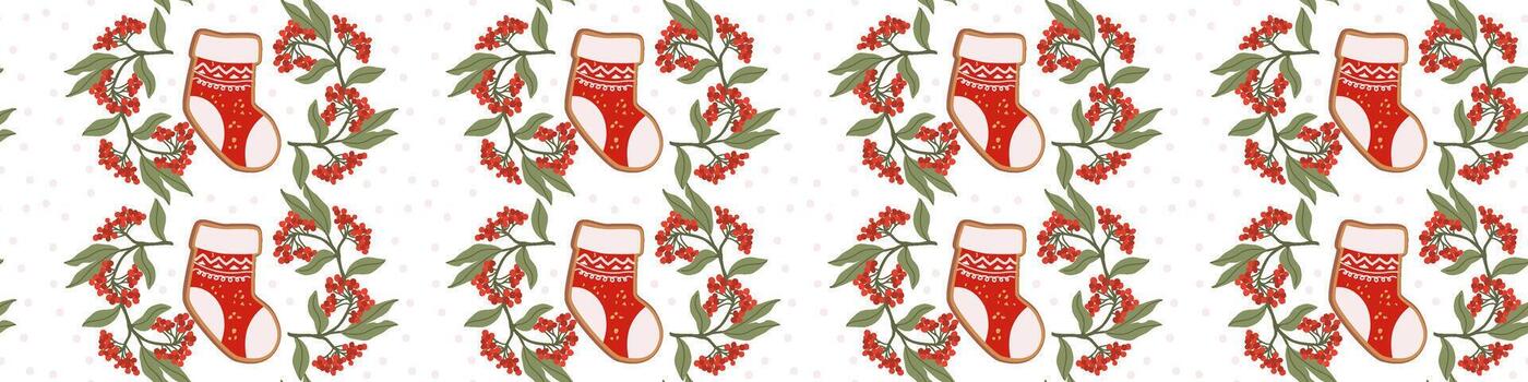 Christmas horizontal pattern with xmas cookie sock and cotoneaster. vector