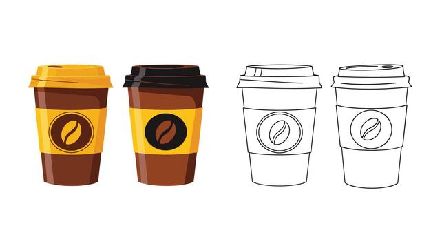 A set of four disposable coffee cups with lids including two colored illustrations and two black and white outline versions. vector