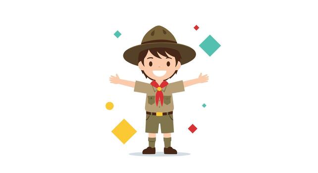 A happy and welcoming boy scout in his full uniform and hat stands with his arms wide open against a background of shapes. vector
