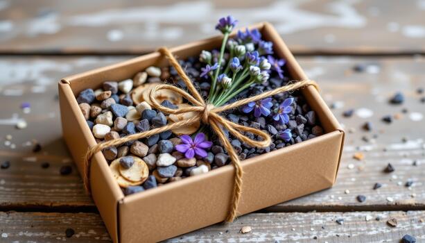 Kraft rectangular regalo caja conteniendo seco lavanda, pétalos, y minúsculo flores atado con natural enroscarse en rústico de madera superficie. foto