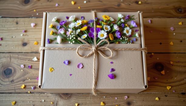 Kraft box decorated with dried flowers, tiny petals, and greenery tied with natural twine placed on wooden table. photo