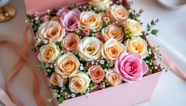 suave rosado cuadrado regalo caja desbordante con pastel rosas, peonias, y minúsculo flores silvestres arreglado pulcramente adentro. foto