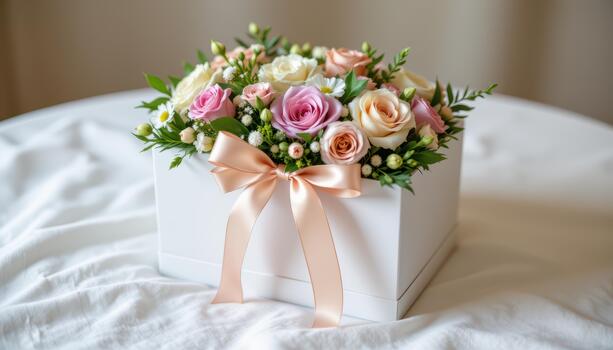 Elegant white rectangular gift box containing delicate flowers and greenery tied with satin ribbon on smooth linen. photo