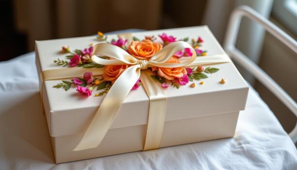 suave beige rectangular regalo caja adornado con brillante flores y minúsculo pétalos atado con satín cinta esmeradamente en cima. foto