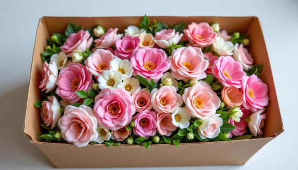 Kraft box filled with pink and white flowers arranged in layers with small green leaves creating natural charm. photo