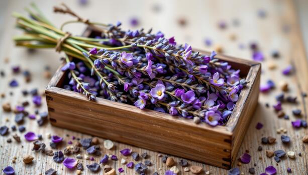 Rustic wooden rectangular box filled with dried lavender, small blossoms, and petals arranged naturally on smooth surface. photo