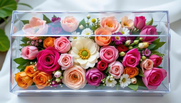 Transparent gift box displaying vibrant flowers like tulips, roses, and carnations with elegant spacing inside. photo