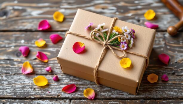 Kraft box adorned with petals and tiny wildflowers tied with natural twine on rustic textured wooden table. photo