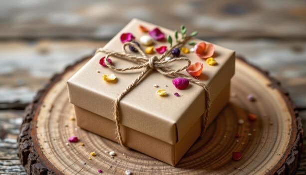Kraft cuadrado regalo caja adornado con seco flores, pétalos, y pequeño verdor atado con natural enroscarse descansando en rústico madera. foto