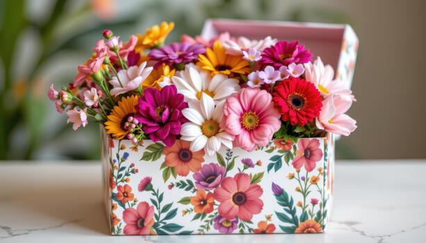 floral temática regalo caja presentando botánico huellas dactilares fuera de y un mezcla de Fresco flores dentro creando alegre mostrar. foto