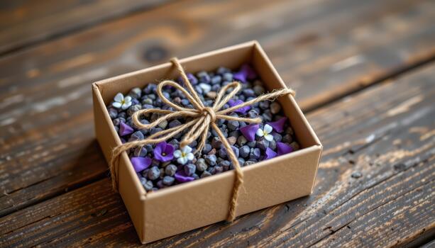 Kraft rectangular regalo caja conteniendo seco lavanda, pétalos, y minúsculo flores atado con natural enroscarse descansando en de madera mesa. foto