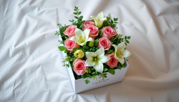 White square gift box with a bouquet of roses, lilies, and greenery inside, placed on soft pastel linen background. photo