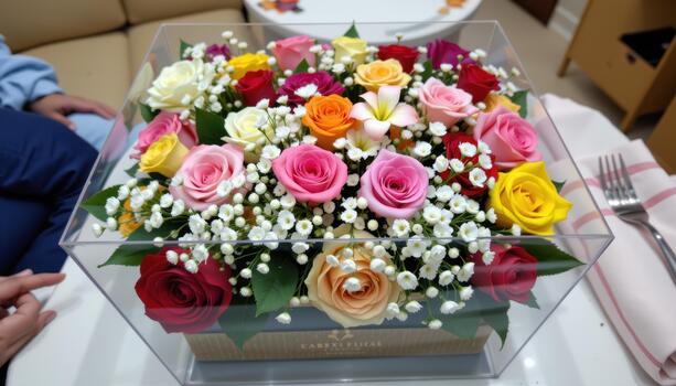 Transparent gift box displaying an array of colorful flowers including roses, carnations, and baby's breath elegantly. photo