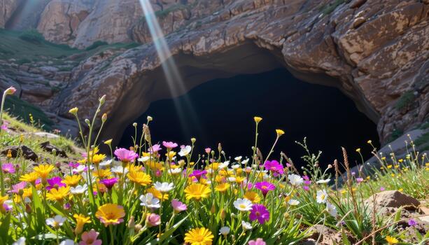 Wildflowers flourish in front of a shadowed cave entrance, sunlight enhancing colors and natural patterns on rocks. photo