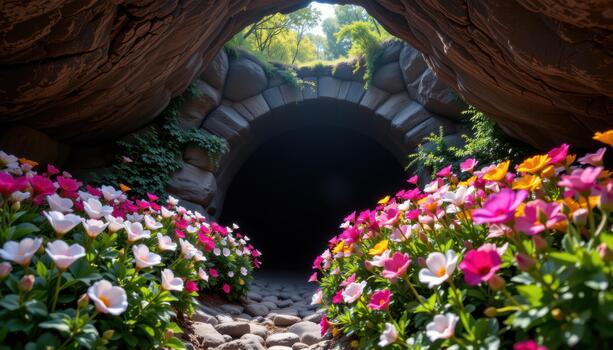 Bright flowers bloom around a dark cave mouth, sunlight filtering through trees and highlighting colorful petals. photo