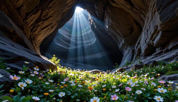 A rugged cave entrance with wildflowers scattered across the foreground, sunlight casting dappled patterns on rocks. photo