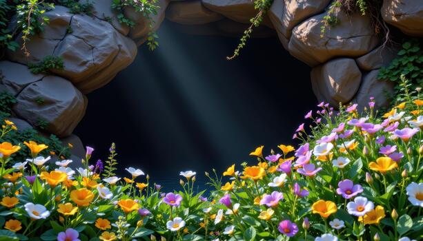 Lush wildflowers and greenery adorn the mouth of a cave, sunlight casting gentle patterns on petals and stone. photo