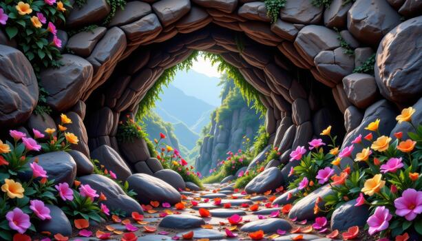 The entrance of a cave framed by colorful blooms and greenery, soft light enhancing textures of petals and rocks naturally. photo