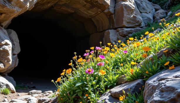 The dark cave entrance contrasts with vivid wildflowers growing in front, sunlight casting subtle patterns on rocks. photo