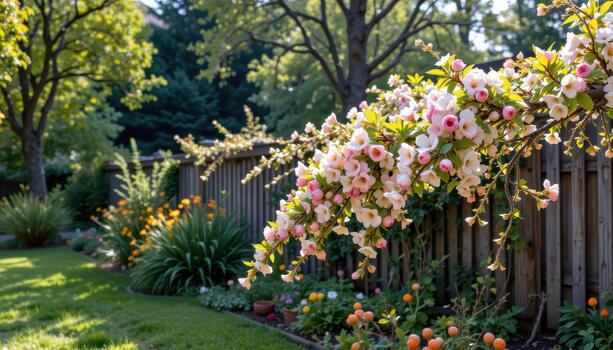 lozano jardín con rústico cerca y cascada melocotón flores, Mañana luz de sol filtración mediante arboles foto