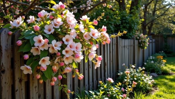 rústico patio interior jardín con melocotón flores cubierto terminado un Envejecido de madera cerca, luz de sol filtración mediante arboles creando calentar brillo. foto