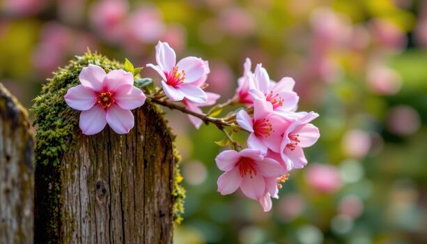 Close up of pink peach blossoms resting on a moss covered wooden fence, soft bokeh background of garden greenery. photo