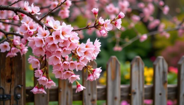 Wooden fence adorned with vibrant peach blossom branches, soft bokeh garden background. photo