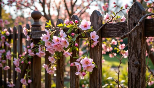 rústico jardín cerca entrelazado con rosado melocotón flores, luz de sol filtración mediante arboles foto