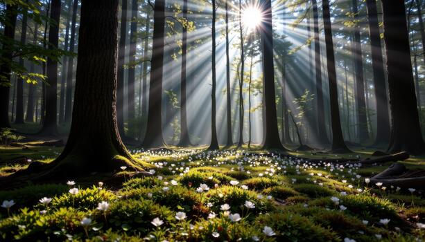 Sunbeams pierce through tall trees, illuminating a moss covered forest floor dotted with tiny flowers in gentle silence. photo