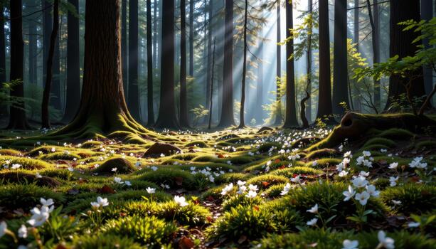 A shaded forest floor covered with lush moss and clusters of flowers beneath silent towering trees and drifting light. photo