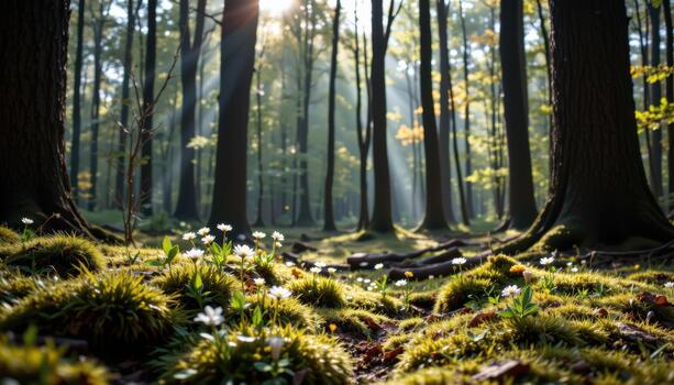 calma ligero toques un musgo cubierto bosque piso punteado con frágil flores protegido debajo alto silencio arboles foto