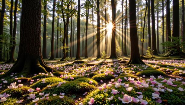 Soft petals and deep moss cover the forest floor beneath tall trees rising through thin beams of golden light. photo